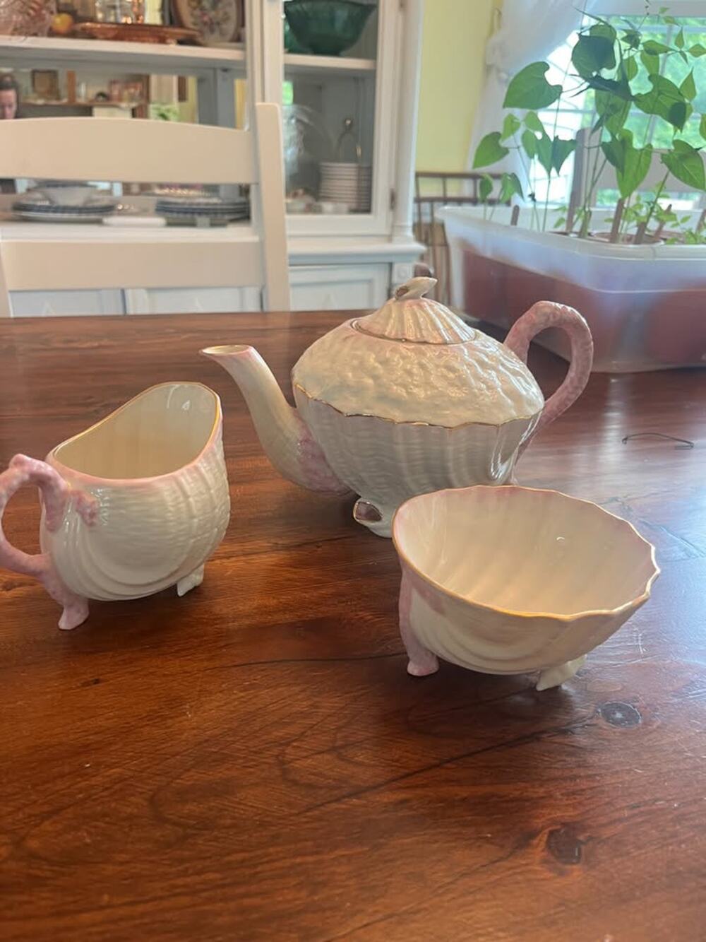 Vintage 3 Piece Belleek Tea Set Pink Neptune with Seashell Conches